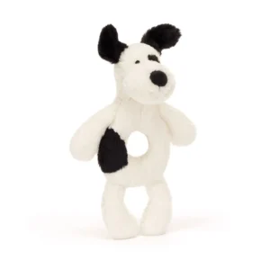 1078 Jellycat Bashful Black and Cream Puppy Ring Rattle 01