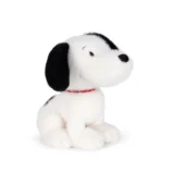 White Plush Snoopy Dog Toy with Black Ears and Red Collar Sitting Upright on a White Background