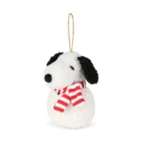 Fluffy White Dog Christmas Ornament with Black Ears and a Red and white Striped Scarf Hanging by a Gold Loop