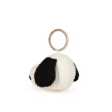 Knitted Panda themed Keychain with a White Body and Black Ears Attached to a Metal Key Ring