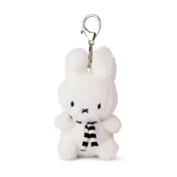 White Plush Bunny Keychain with a Black and white Striped Scarf and a Silver Metal Ring