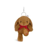 Brown Plush Bunny Keychain with a Red Ribbon Around Its Neck Hanging from a Metal Ring