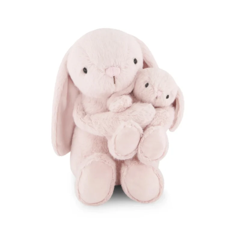 Soft pink plush bunny hugging a smaller bunny against a white background.