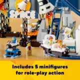 Lego Playset Scene with Minifigures Near a Rocket Roller coaster Tracks and a Bright Yellow Banner Stating 'includes 5 Minifigures for Role play Action'