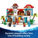Colorful Lego Two story House with Palm Trees Minifigures a Surfboard and a Musician Playing Guitar