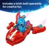 Red Lego Spaceship with a Blue Creature Piloting Set Against a Blue Space themed Background Overlay Text Reads 'includes a Brick built Spaceship for Creative Fun'