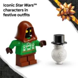 Lego Star Wars Minifigure in a Brown Hood and Green Christmas Sweater Standing Next to a White Snowman Wearing a Black Top Hat Festive Gift wrap Edge Visible in the Corner