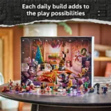 Colorful Lego Advent Calendar Opened on a Table with Numerous Small Minifigures and Builds Laid out in Front of It
