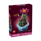 Box for Lego Botanicals Flowering Cactus Set Shows Stacked Green Cacti with Pink Flowers in a Blue Pot on a Maroon Background