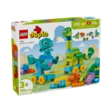 Colorful Lego Duplo Set Box Featuring Teal and Green Dinosaur Builds on Wheels 108 Pieces for Ages 3+ 3 in 1 Dinosaurs on Wheels Showpiece