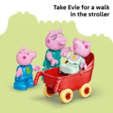 Three Pink Peppa Pig Figures Push a Red Stroller with a Baby in It Set on a Pale Green Background Captioned 'take Evie for a Walk in the Stroller'