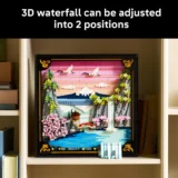 Framed 3d Lego Waterfall Landscape with Mountains Trees and a Pink Sunset on a Shelf
