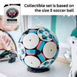 Decorative Spherical Sculpture Made of White Discs with Blue and Pink Blocks on a Desk Beside a Small Inset Label Reading 'size 5 Lego Football'