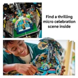 Collage of Two Lego Scenes a Micro Celebration Diorama in a Black Structure and a Person Building a Large Round Colorful Lego Set Interior