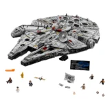 Lego Star Wars Millennium Falcon Set with Multiple Minifigures and Assorted Bricks on a White Background