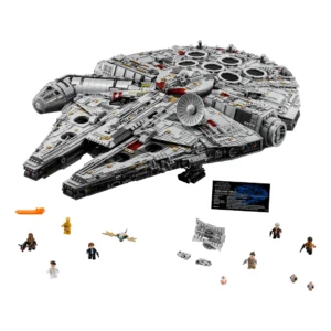 Lego Star Wars Millennium Falcon Set with Multiple Minifigures and Assorted Bricks on a White Background
