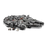 Lego Millennium Falcon Model with Several Minifigures Standing Nearby a Detailed Gray Starship Built from Bricks on a White Background informative Image