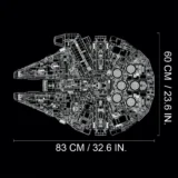 Technical Blueprint Illustration of the Millennium Falcon Shown As a White Line drawn Schematic on a Black Background with Labeled Dimensions 83 Cm  326 in by 60 Cm