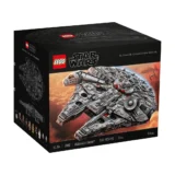 Box Front of Lego Star Wars Millennium Falcon Set Showing Detailed Model on Black Packaging with Star Wars Logo