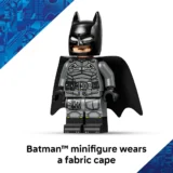 Lego Batman Minifigure Wearing a Black Fabric Cape Facing Forward Against a White Background Product Image