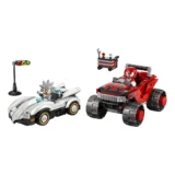 Two Lego Sonic the Hedgehog Vehicles a White Futuristic Car Driven by a Gray Hedgehog Minifigure and a Red Offroad Truck with a Redhaired Driver Behind the Wheel