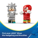 Lego Minifigures of Silver the Hedgehog gray and Knuckles red Stand Side by Side on a White Background