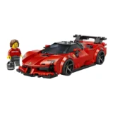 Red Lego Ferrari Race Car with Black Wheels and a Mini Figure in a Red Ferrari Jacket Standing Beside It Helmet in Hand