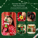 Collage of Christmas Accessories on a Green Background Left Shows a Girl with a Festive Bag Right Shows Four Thumbnails Star Bracelet Candy Cane Hairpin Gift Box Christmas Tree