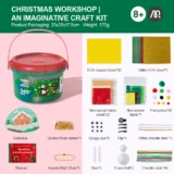 Promotional Image for a Christmas Craft Kit Left Side Shows a Green Tub with Red Lid on a Pink Background Right Side Lists Kit Contents Including Eva Sheets solid and Glitter Non woven Fabric Sheets Pom Poms Googly Eyes Clips Chenille Sticks Glue Foam Balls Beads and a Manual