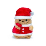 Cute Plush Bear Dressed in a Red Santa Suit and Hat Holding a Red Heart shaped Sack Against a White Background