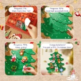 Four panel Collage Depicting a Christmas Craft Timeline Hands Decorating a Felt Christmas Tree and Assembling Ornaments with Progress Captions and Festive Background