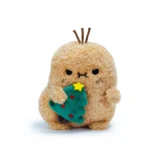 Cute Tan Plush Creature Holding a Small Green Christmas Tree with a Yellow Star Standing on a White Background