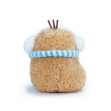 Back View of a Fluffy Beige Plush Toy Wearing a Blue and white Striped Scarf and White Earmuffs