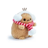 Cute Fuzzy Hamster Plush Wearing White Earmuffs and a Red and white Striped Scarf Against a White Background