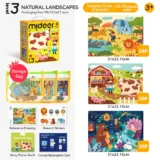 Product Collage for Mideer Level 3 Natural Landscapes Puzzles Includes a Yellow Boxed Puzzle Set a Transparent Storage Bag with Four Panels Sample Reference Drawings Reward Stickers a Story Picture Book and a Course Redemption Card for Ages 3+