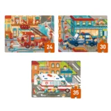 Three Rescue themed Jigsaw Cards Firefighters Battling a Blaze Police at a City Scene and an Ambulance Scene for Medical Aid