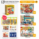Level 3 Busy Rescue Team Puzzle Set with a Yellow Carry Box Three Puzzle Kits 2435 Pieces and a Storage Bag for Ages 3+ at the Top Left Image Edge
