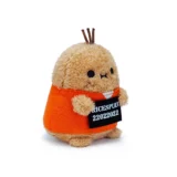 Small Fluffy Beige Plush Toy Wearing an Orange Outfit Holding a Black Tag with White Text That Includes Numbers Like 22022022