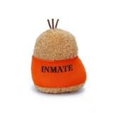 Fuzzy Beige Stuffed Toy Wearing an Orange Jail style Cap with the Word Inmate Printed on It