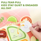 Instructional Image Showing a Pull tear pull Activity for Kids to Stay Quiet and Engaged with a Hand Peeling a Circular Token from a Colorful Chart