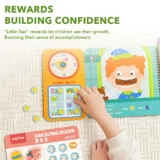 Child's Hand Taps a Bright Open Kids' Book Showing a Page with a Sticker Reward Grid and Small Stars Plus a Cheerful Illustrated Character Conveys Rewards for Building Confidence