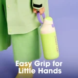 Plastic Lime green Water Bottle with Purple Cap and Strap Held by a Toy Figure Against a Purple Background Label Reads Choko Lab
