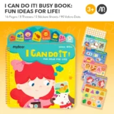 Bright Children's Activity Book Set Titled I Can Do It Busy Book with Colorful Cover and Multiple Smaller Cards Shown on the Side on a Yellow Background