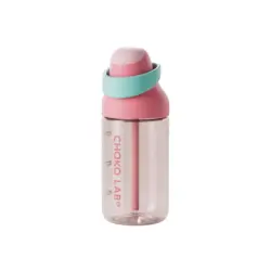Pink transparent water bottle with a pastel teal cap ring and built-in straw inside.
