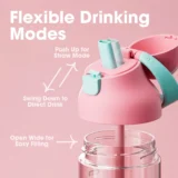Infographic of a Pink Drinking Bottle Showing Flexible Modes Push Up for Straw Mode Swing Down to Direct Drink and Open Wide for Easy Filling