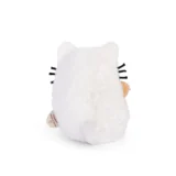 Back View of a White Fluffy Plush Cat with Black Whiskers on the Sides and a Beige Tag Peeking from the Left Side
