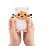 Small Plush Cat Toy Being Held Between Two Hands White Body with Orange Head and Black Stitched Facial Features