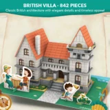 3d Puzzle Model of a Victorian style British Villa with Orange Roof on a Green Game Board Surrounded by Small Figurines and Garden Decorations