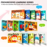 Colorful Lineup of Mideer Brain Game Book Sets Arranged by Level 13 Showing 15 Themed Activity Boxes for Progressive Learning with Playful Illustrations