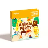 Bright Orange Box of a Creative Finger Paint Kit Titled 'animal Party' Featuring Cartoon Animals and Two Children Drawing Together